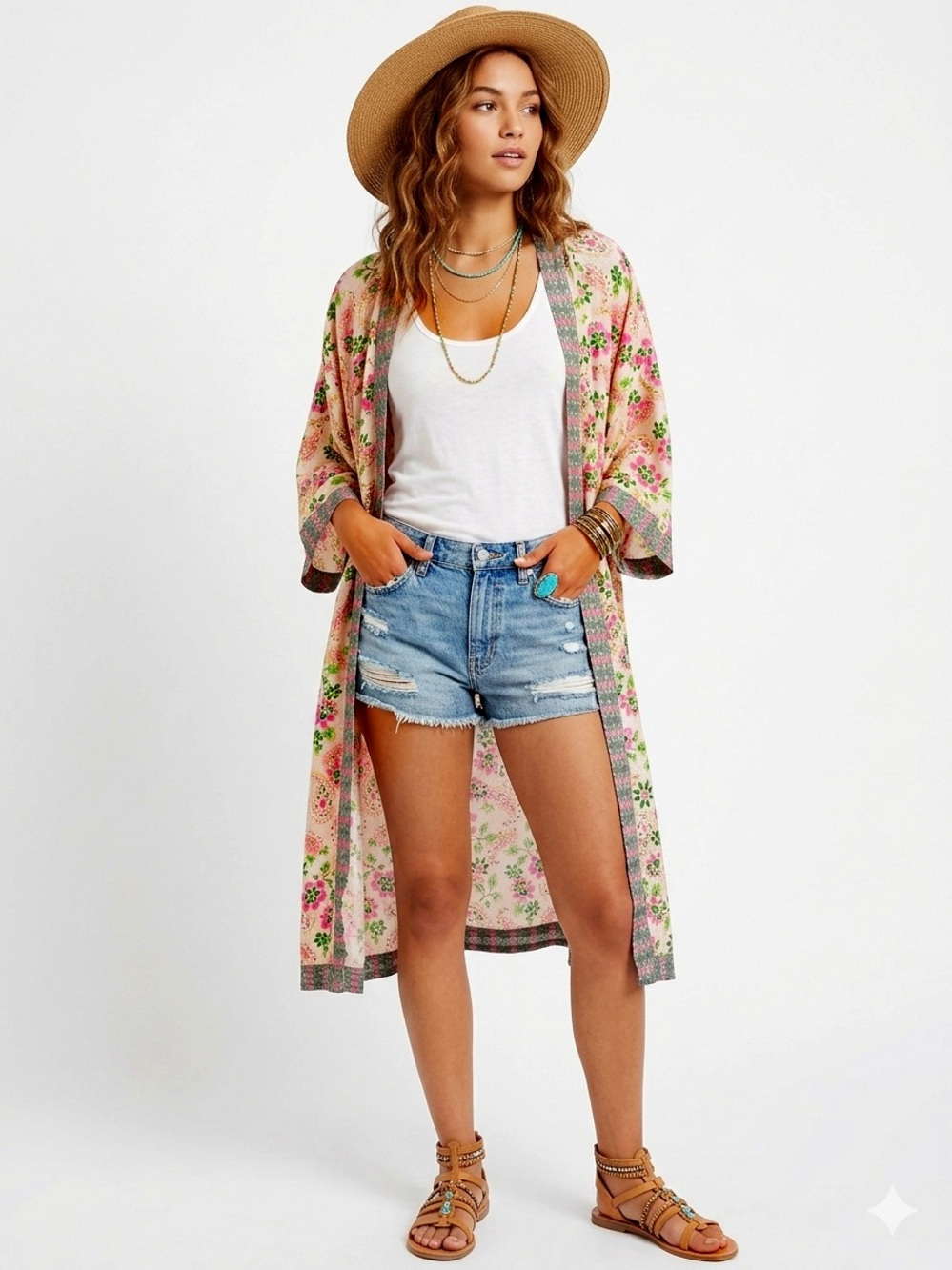 Aerie Boho Long Floral Cape Kimono Duster Paisley Pink Green M/L EUC